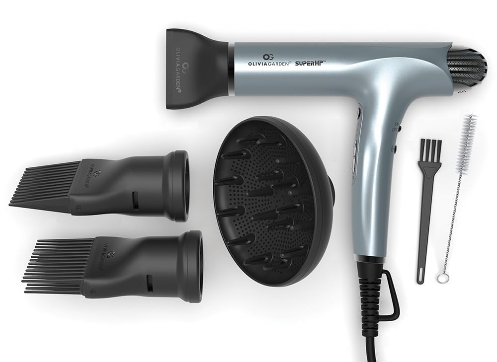 Olivia Garden SuperHP High Performance Professional Hair Dryer 1875 Watts Brushless Motor, Lightweight, Quiet and Powerful with 4 attachments