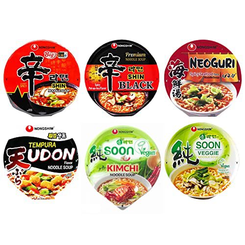 OHMARKET Nongshim Cup Instant Noodle Soup 6 Flavors Package Shin Ramen, Shin Black, Neoguri, Tempura Udon, Soon Veggie, Soon Kimchi
