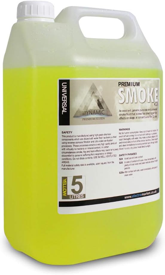 Dynamic Premium Smoke Machine Fluid 5L Bottle - Low Density Fog Solution with Slow Dispersion for DJ Disco Stage Effects, Non-Toxic, No Residue, Yellow Liquid