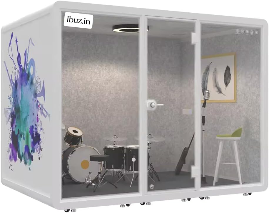 Modular Music and Recording Studio Pod with Soundproofing, LED Lights, HVAC, Ventilation (white, D 83 x W 118 x H 92 Inch)