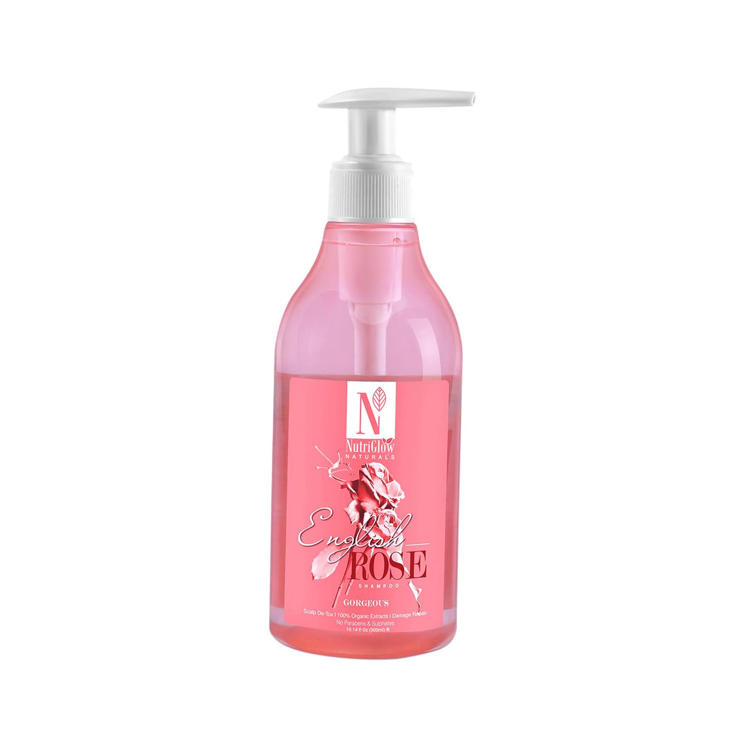 NUTRIGLOW Naturals English Rose Shampoo, Scalp De-Tox, Organic Extracts, Control Dandruff and Damage Repair, Best For Dry Scalp, Soothing To Hair, No Parabens & Sulphates 10.14 Oz