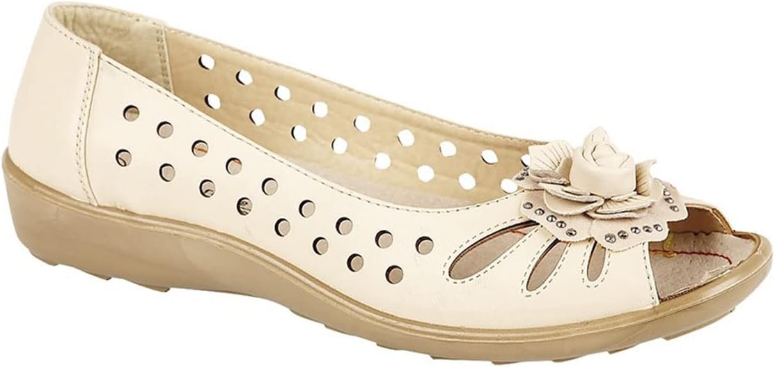 Boulevard Punched Open Toe Flower Casual Padded Leather Sock Ladies UK 7 Beige