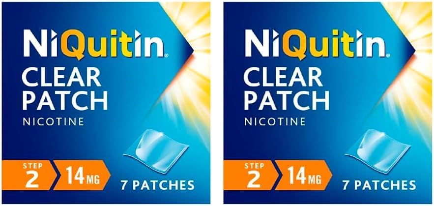 NiQuitin 14 mg Nicotine Patch - Step 2 - Stop Smoking Aid Therapy - 7 Clear Patches for 1 Weeks Treatment - 24h Craving Control - Invisible Nicotine Patches, 7 Count (Pack of 2)