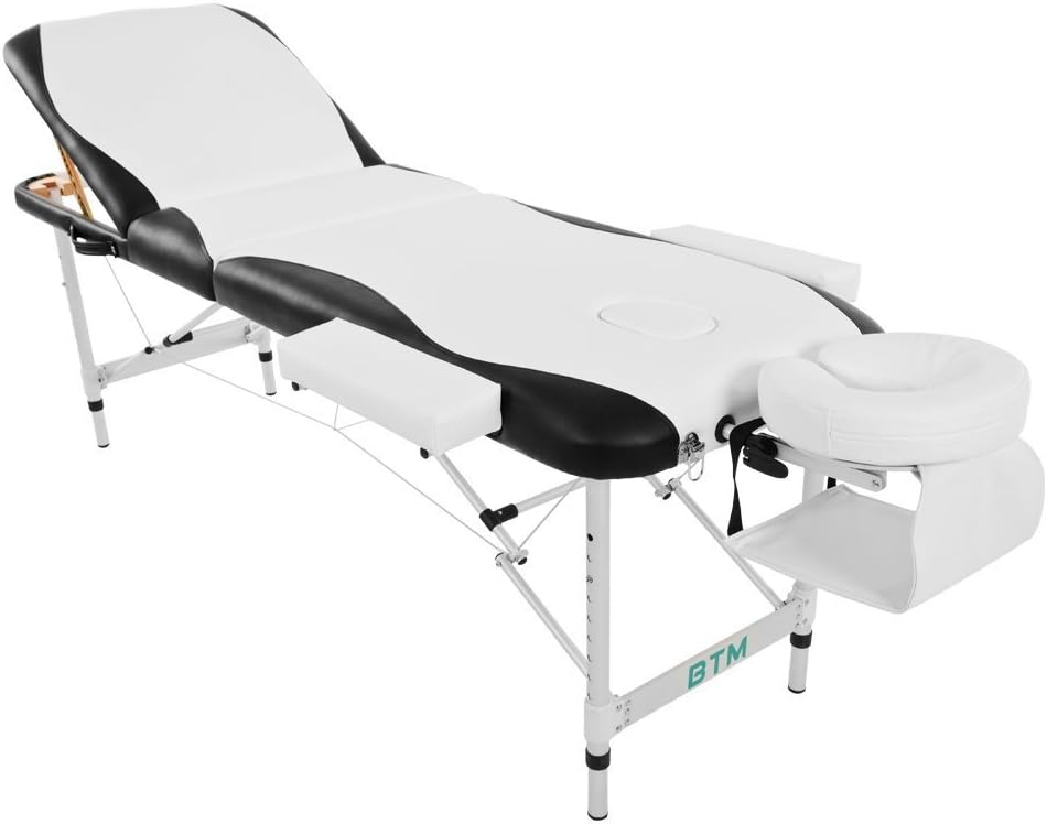 Kayan Massage Table Couch Bed Aluminium Tattoo Spa Reiki Portable Folded 3 Section with Premium PU Leather and 5 cm High Density Multi-Layer Foam Headrest Arm support and Carrying Bag (White)