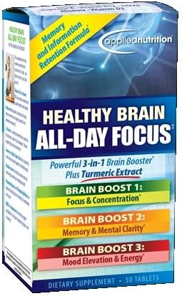 Applied Nutrition Healthy Brain All Day Focus, 50 Tablets Per Bottle (6 Pack)