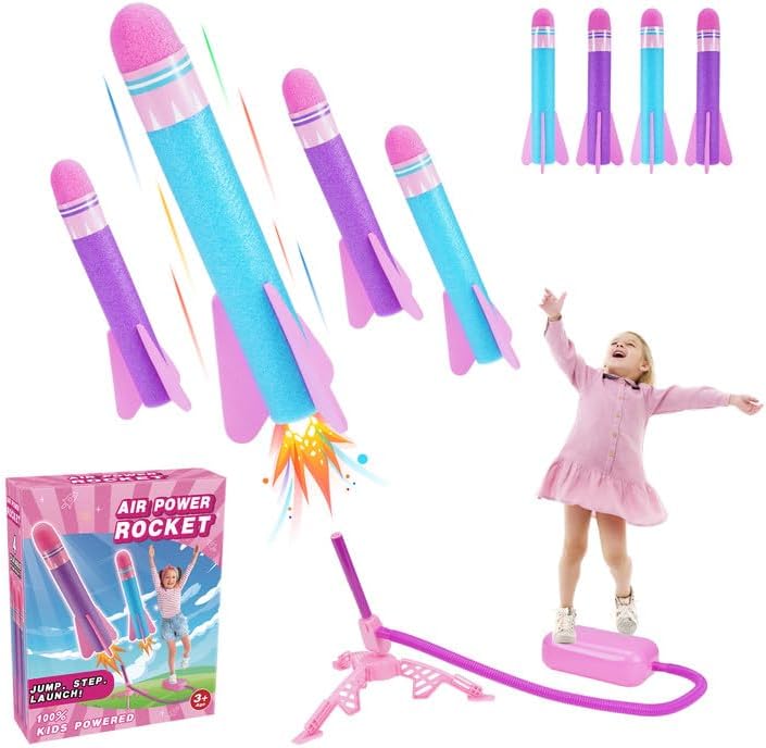 HappyGoLucky 4pcs Foam Rockets Toy Launcher Playset for Kids Fun Outdoor Toys Gifts for Boys Girls