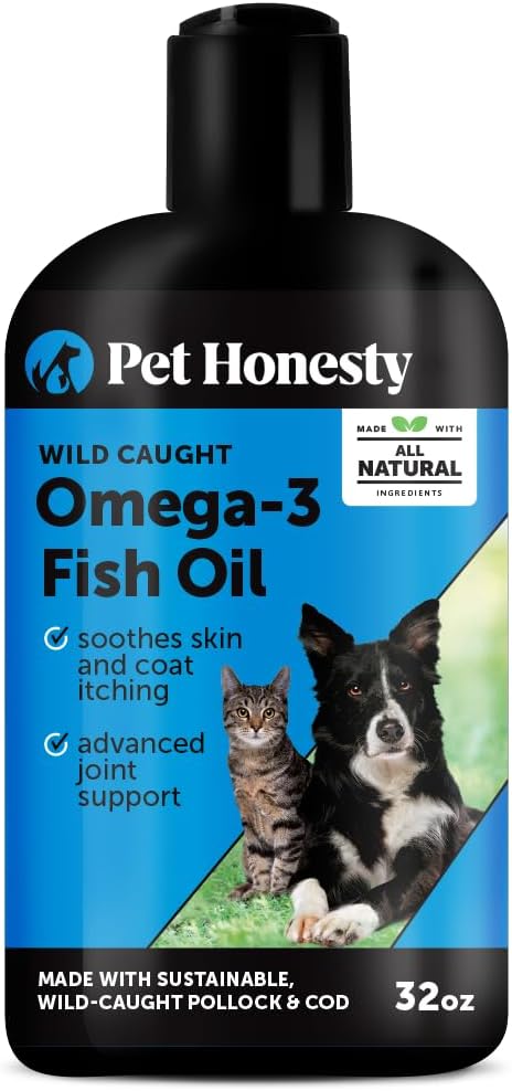 Omega 3 Fish Oil Supplement for Dogs & Cats (32oz), Wild Caught Omega 3 Fish Oil for Skin and Coat Health, Supports Shedding, Skin & Coat, Immunity, Joint, Brain & Heart, EPA + DHA