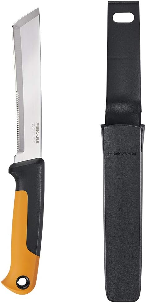 Fiskars Harvesting Knife with Serrated Edge, Gardening Hand Tool with Flat Tip Blade and Sheath, Perfect for Thick Stalks and Stems