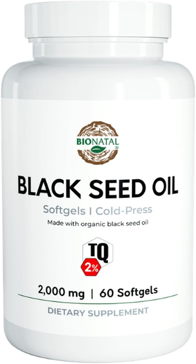 BioNatal Black Seed Oil Softgels | 2% Thymoquinone (TQ) -Organic Nigella Sativa Softgels 2,000mg | Organic Black Cumin Seed Oil - Nigella Sativa | Black Seed Oil | (60 Softgels)