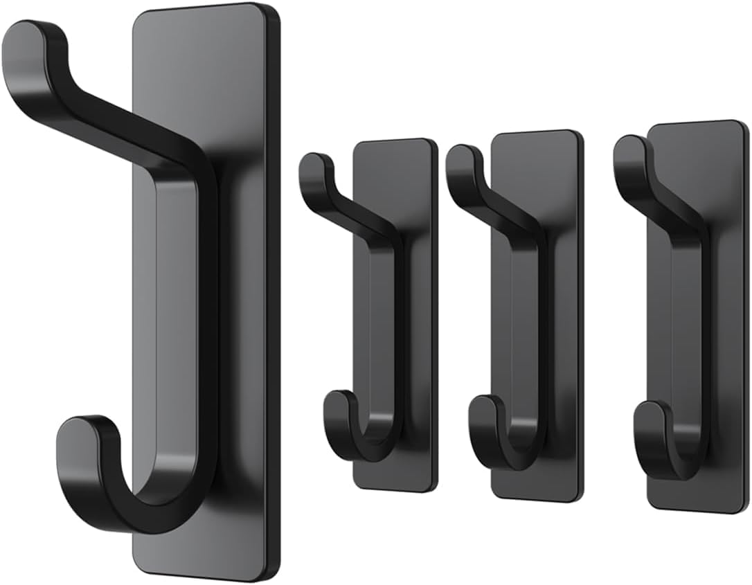 pickpiff Door Hook, Extra Sticky 10LB (Max), Stainless Holder for Hanging Towel, Coat, Cloth, Purse, Hat, Key, Black Wall Mounted Self-Adhesive Hanger for Shower Kitchen Bathroom Heavy Duty