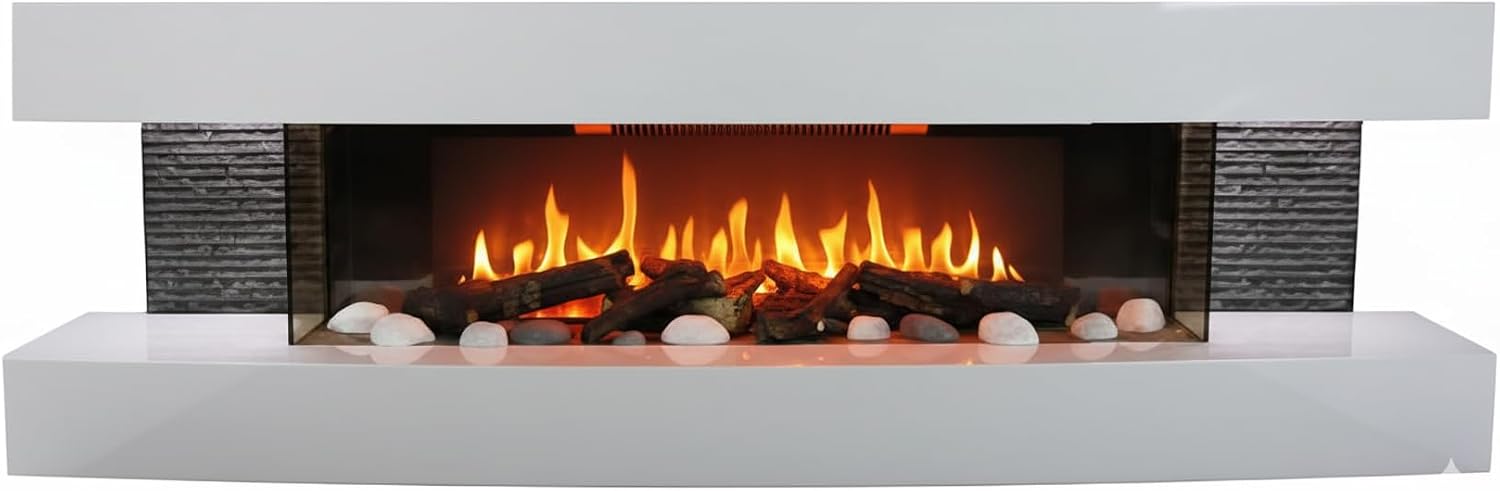 CHEMIN'ARTE Lounge 3XL Electric Fireplace 150 cm Flame Effect LED Wall Mounted White Remote Control Fireplace with Timer and Automatic Temperature Control