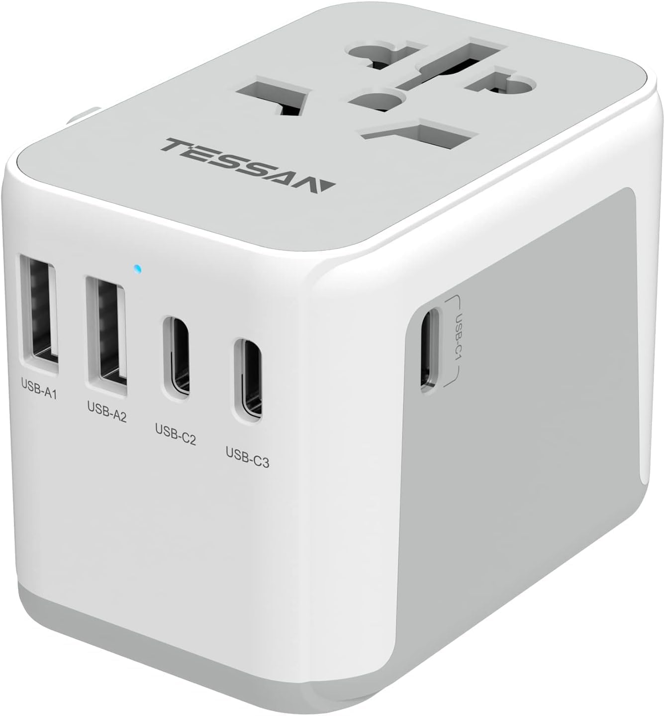 TESSAN Universal Travel Adapter 28W, Worldwide Plug Adaptor with 2 USB A and 3 USB C Ports, International Travel Adapter for EU, UK, USA, AU, Power Socket Charger for Multi Countries, Grey White