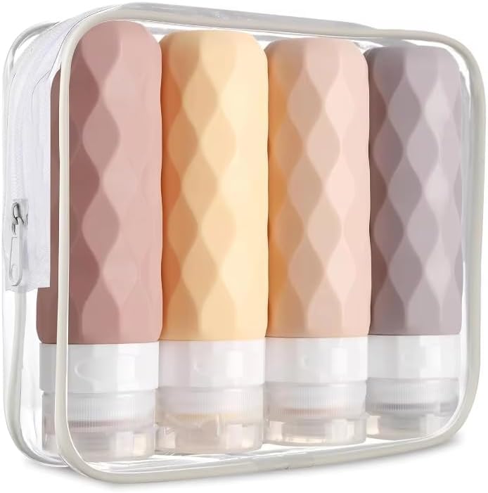 Silicone Travel Bottles for Toiletries with Clear Bag- 4 Pack Holiday Essentials Travel Bottles for Toiletries- Refillable Shampoo and Conditioner Bottle-Leakproof, Squeezy Travel Accessories (Rose)