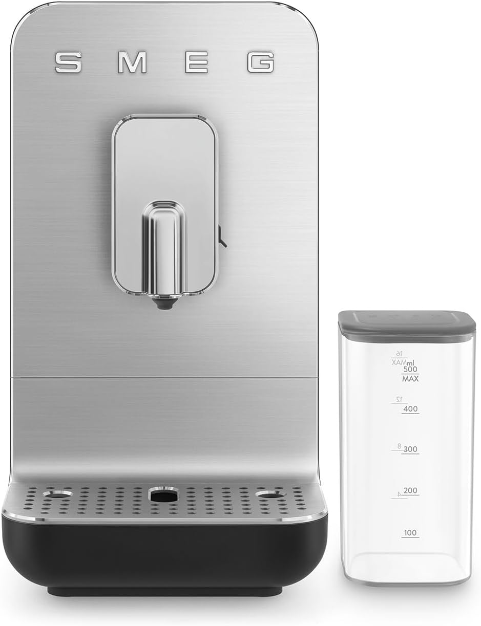 Smeg BCC13 Fully Automatic Espresso Machine w/Integrated Milk Frothing and Coffee Grinder 10 Preset Beverages 19 Bars of Pressure Space Saving Energy Efficient Thermoblock Heating(Black)