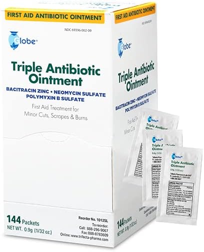 Globe (144 Pack) Triple Antibiotic Ointment 0.9g Single Packet, First Aid Kit for Minor Scratches, Wounds, Cuts and Burns, Prevents Infection Active Ingredients Compare to Leading Brand, Travel Size