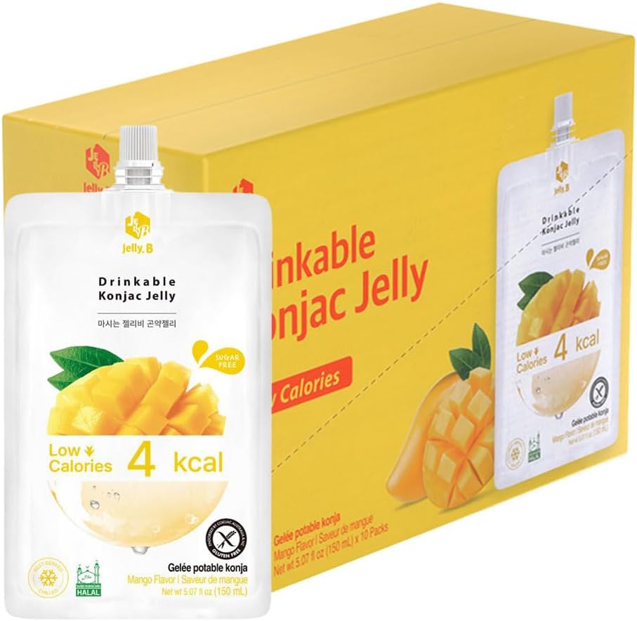 Jelly B Sugar Free Diet Jelly Drink Snack 150ml (Pack of 10) – Refreshing Low-Calorie Zero Sugar Beverage with Chewy Jello Bits, Halal & Gluten Free (Mango)