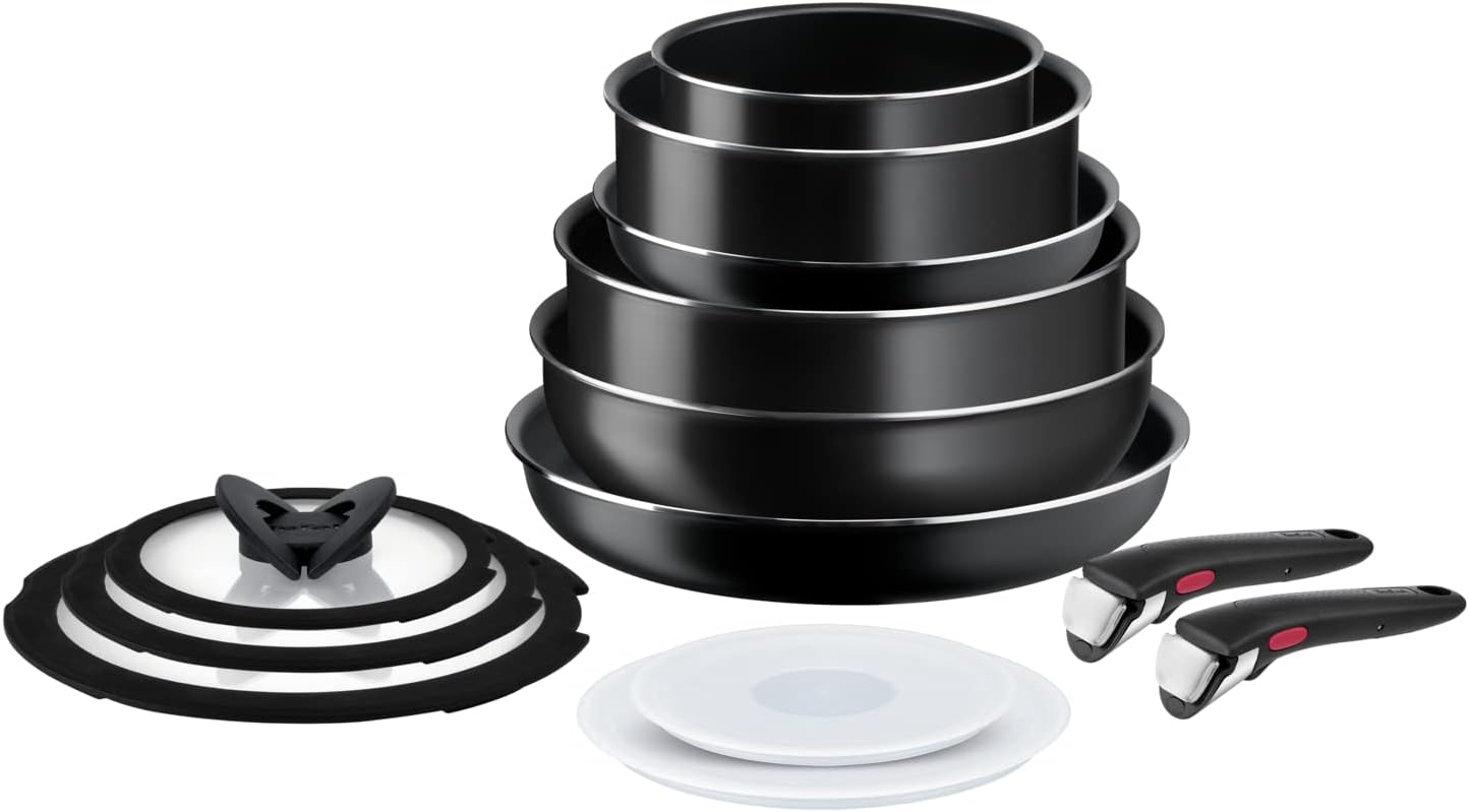 Tefal Ingenio Easy On 13 Piece Pots & Pans Set, Stackable, Non-Stick Coating, Heat Indicator, Removable Handle, All Hobs Compatible Except Induction, L1599243, Black