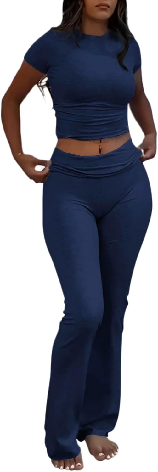 AYWA Women's 2 Piece Lounge Sets Short Sleeve Crop Top Foldover Flare Pants Casual Pajama Outfits
