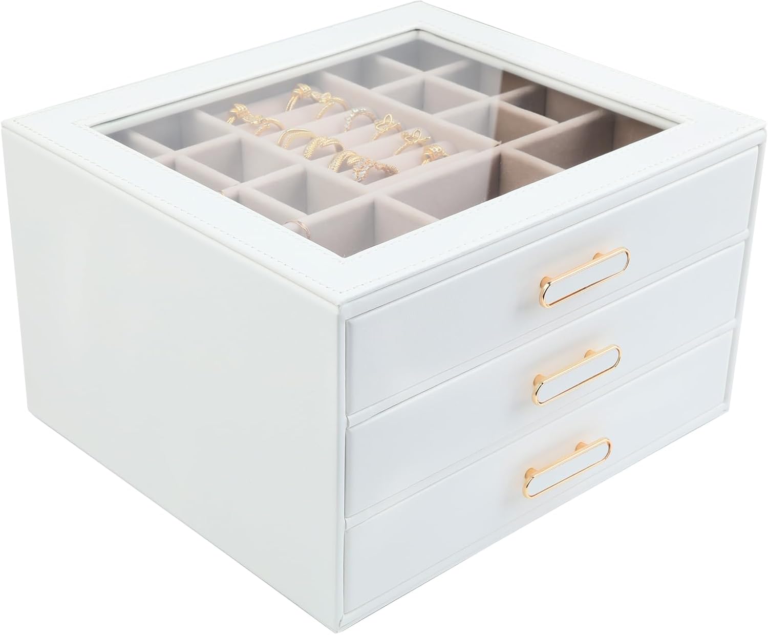 3 Layer Jewelry Organizer Box with Glass Lids & 3 Drawers - Elegant Storage Solution for Necklace, Rings,Earrings, and Bracelets - Perfect for Women ASK-301 (White)