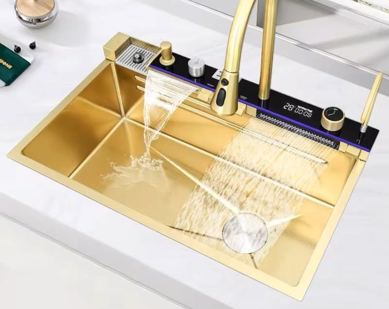 quick.simple.easy SEQ Gold Anti-Scratch 304 Stainless Steel Kitchen Single Slot Sink. Multifunction with LED Digital Display Waterfall Kitchen Sink Cup Washer ASIN B0DH8JV29B