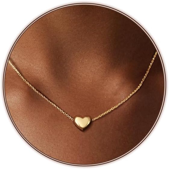 Heart Necklace for Women 14K Gold Plated Tiny Puff Heart Chain Dainty Love Pendant Necklaces Cute Pendant for Women Trendy Jewelry Gift