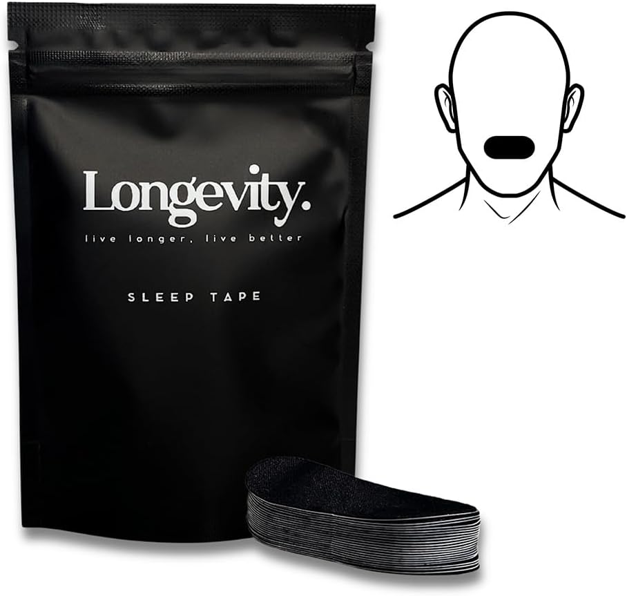 Longevity Sleep Tape - 30 Strips (Black) - Dermatologically Tested Mouth Tape for Sleeping, Women and Men - Supports Nasal Breathing and Reduces Snoring - 95% Cotton, Rayon-Free Mouthtape