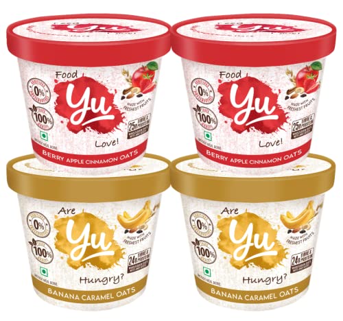 All Natural Gluten Free Oatmeal Cups – Freeze Dried Food – 2 Banana Caramel + 2 Berry Apple Cinnamon – No Preservatives – Variety Pack of 4 – Instant Breakfast Cereal Cups – 100% Natural Ingredients – Yu Foodlabs