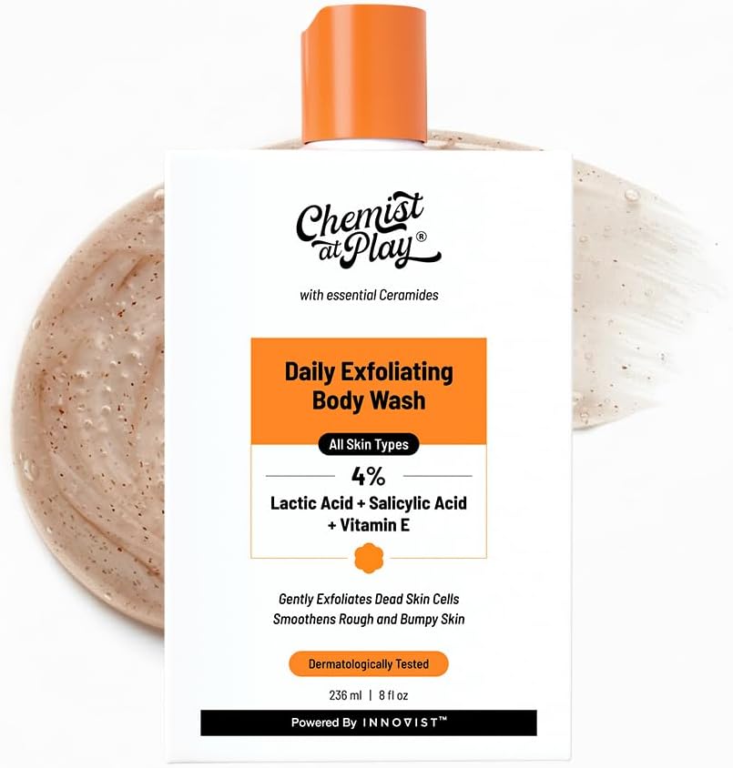 Chemist at Play Body Wash Exfoliating for Dry Rough Bumpy Strawberry Skin with 1% Salicylic Acid 2% Lactic Acid and Ceramides for Men and Women | 236 ml