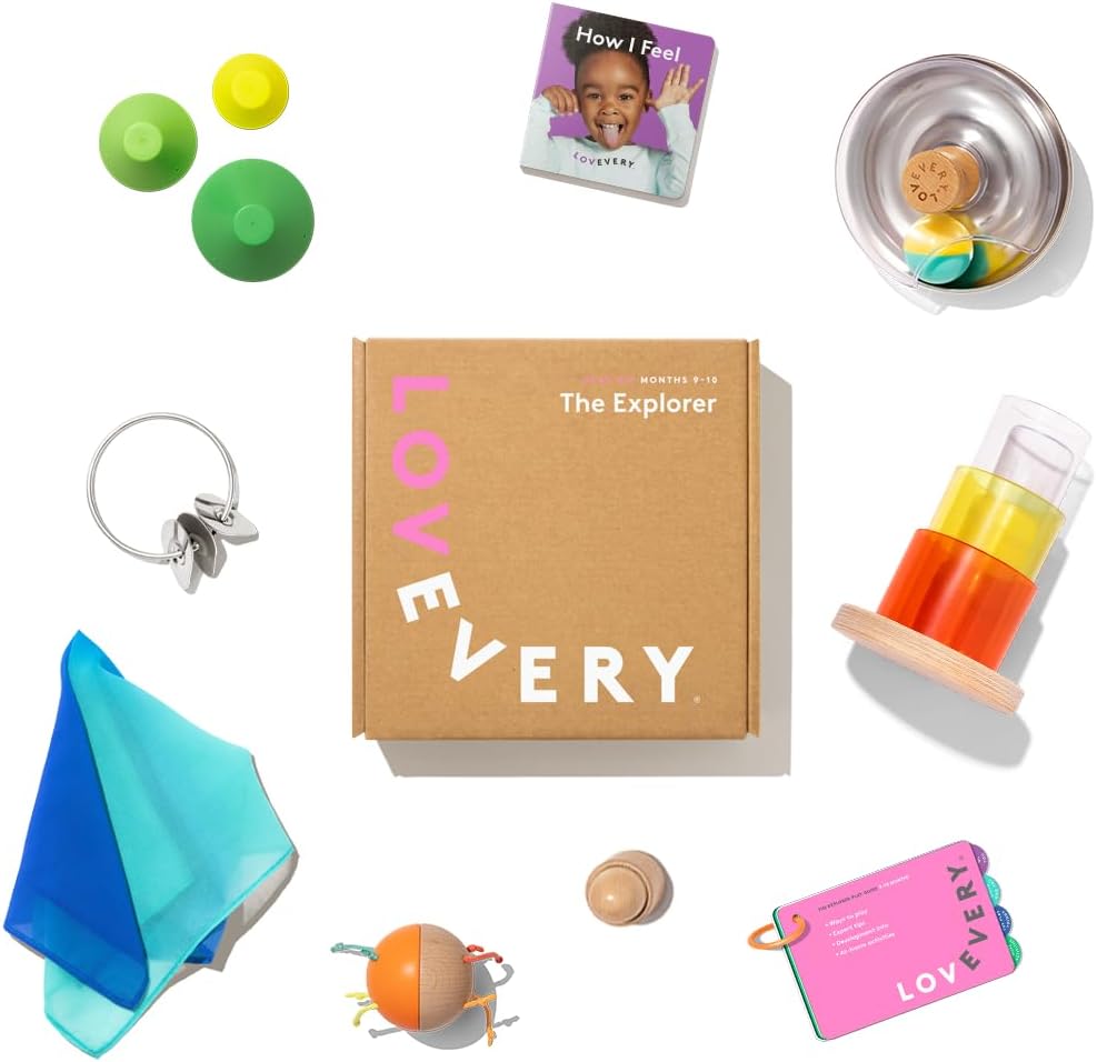 LOVEVERY, The Explorer Play Kit + Bonus Book, Baby Development Toys and Gift, Newborn Essentials Including Montessori Toys for Cause and Effect and pincer Grasp Development, 9-10+ Months