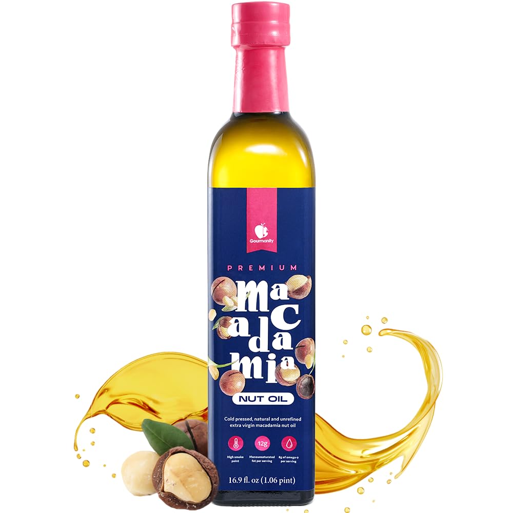 Gourmanity Macadamia Nut Oil, Cold Pressed from Premium South African Sources, offers a Rich Buttery Flavor and is perfect for Frying, Roasting, and Drizzling. This Heart-Healthy Frying Oil is Cholesterol Free, Vegan, and suitable for Keto & Paleo diets, packed with Monounsaturated Fats, including Omega 3, 6 & 9. 16.9 fl oz Bottle.