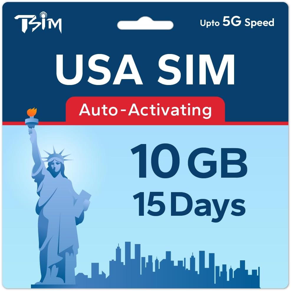TSIM USA SIM Card 15 Day 10GB | High Coverage Multi-Operator 5G Network | Auto-Activating | Refillable Plan | Hotspot Allowed | Data Only