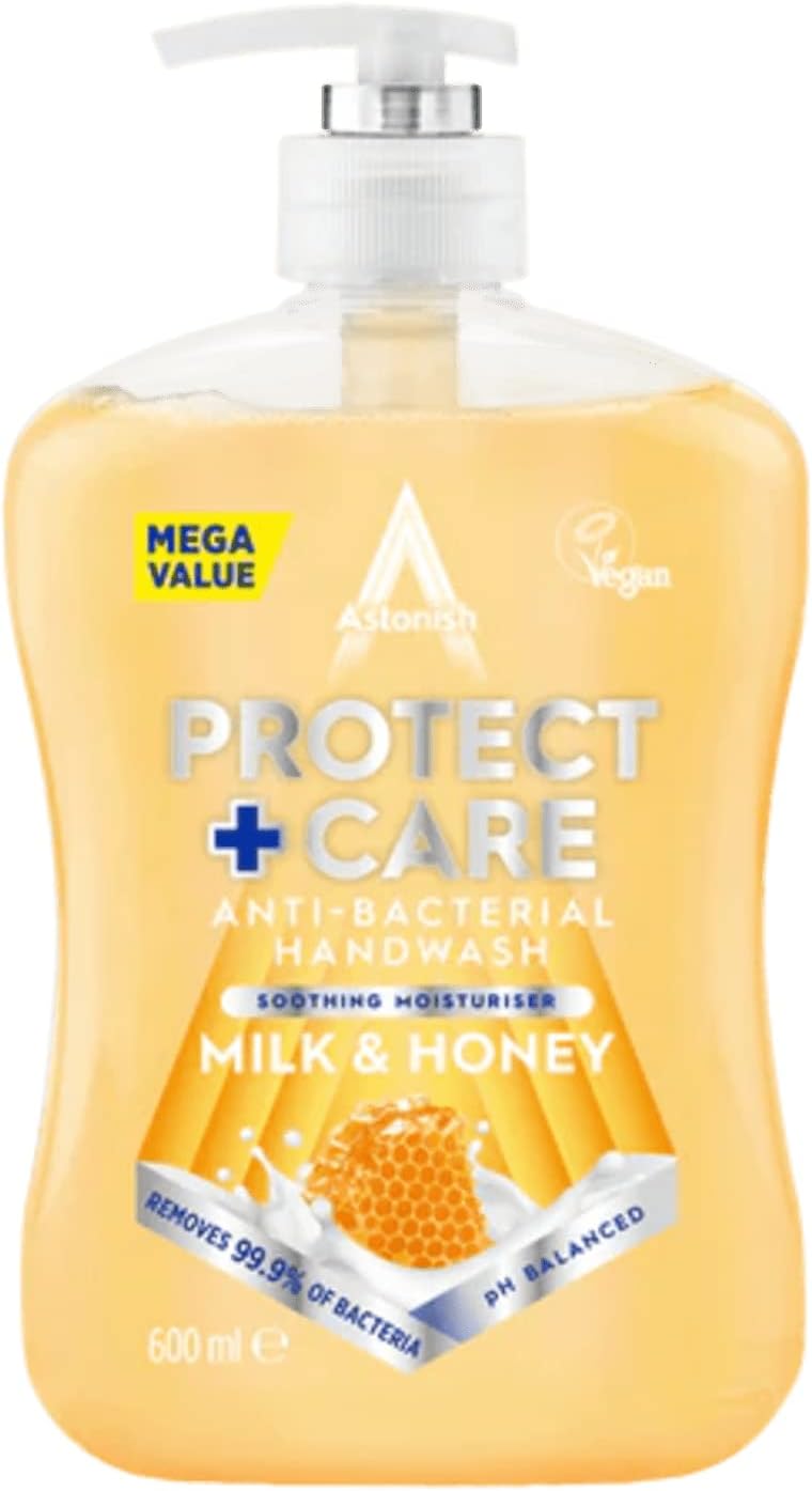 Astonish Protect and Care Kind to Skin Moisturising Anti-Bacterial Hand Wash Soap, 600ml, Milk and Honey