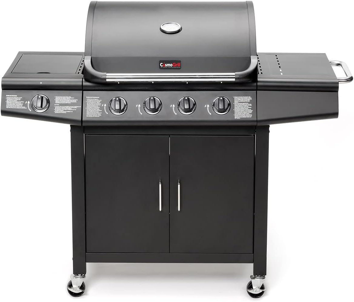 CosmoGrill Pro Deluxe 5 Gas Burner 4+1 Barbecue Grill, Steel Warming Rack, Side-Burner, Built-in Temperature Gauge for Home Garden Party Outdoor Cooking (93411)