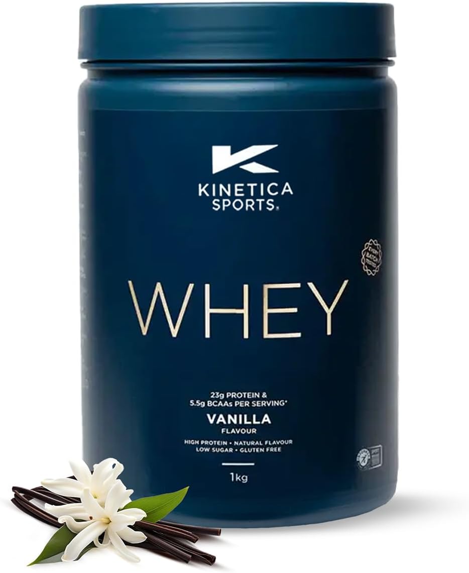 Kinetica Sports Whey Protein Powder - Vanilla, 1 Kg, 33 Servings | 23g Protein, 5.5g BCAA Amino Acid & 4.32g Glutamine | Recovery Shake for Optimum Nutrition | WADA & Informed Sport Approved
