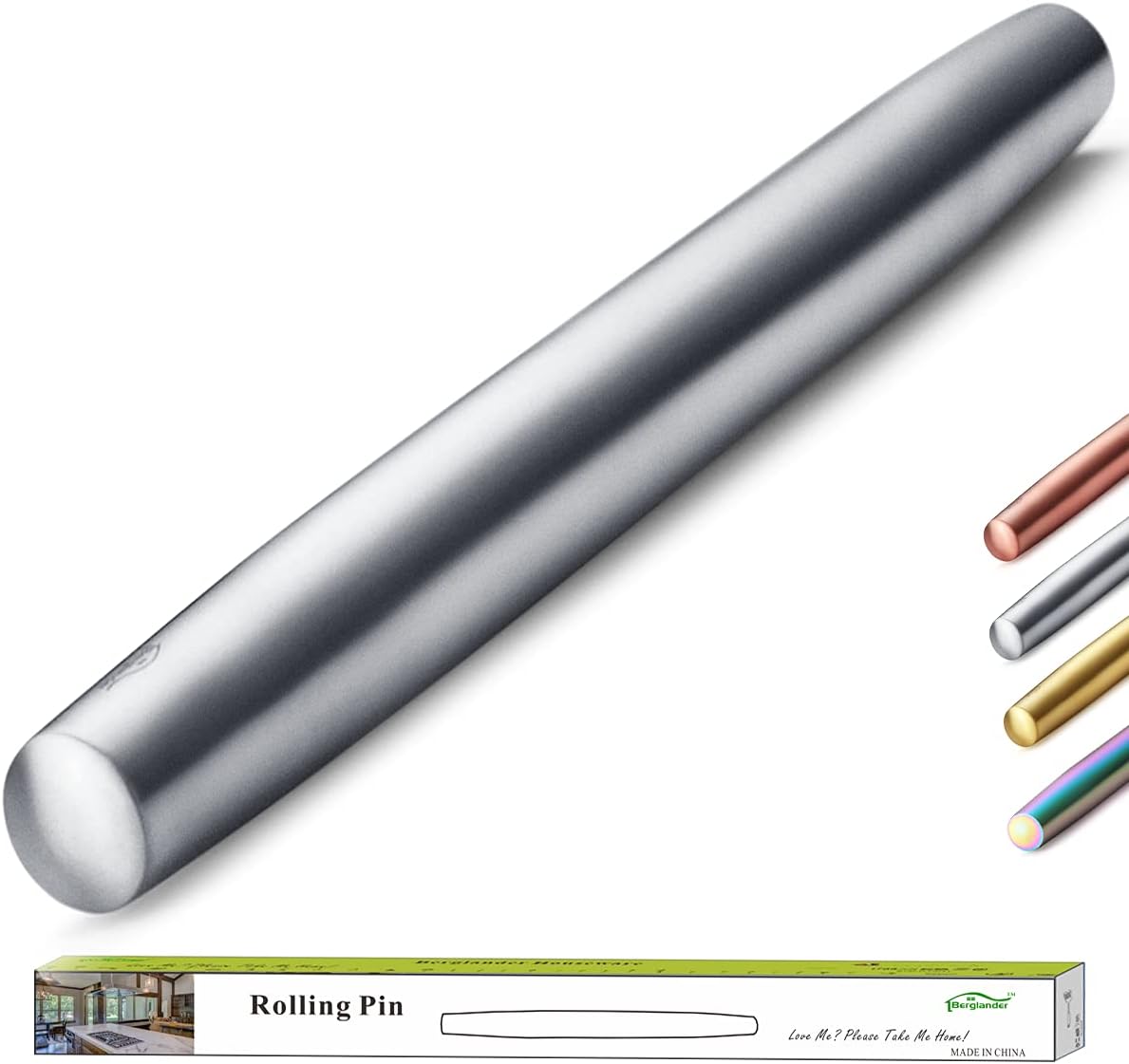 Berglander Stainless Steel Rolling Pin Matte Finish for Baking Pizza Dough, Pie, Cookie, Essential Kitchen Utensil Gift Ideas Gor Bakers.
