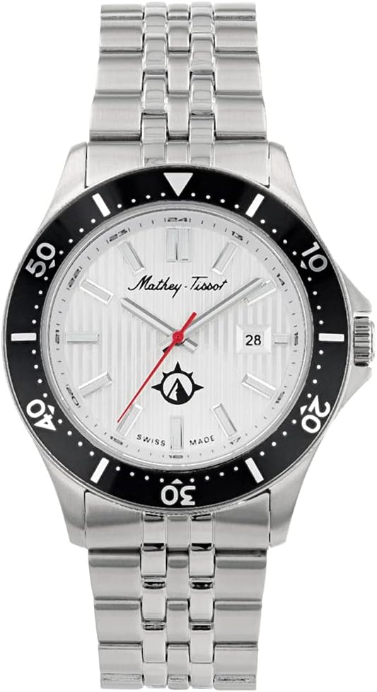 Mathey-Tissot Men's Expedition Swiss Quartz Watch – 42mm Stainless Steel Case with Rotating Bezel, Silver Textured Dial with Date Window, Stainless Steel Bracelet
