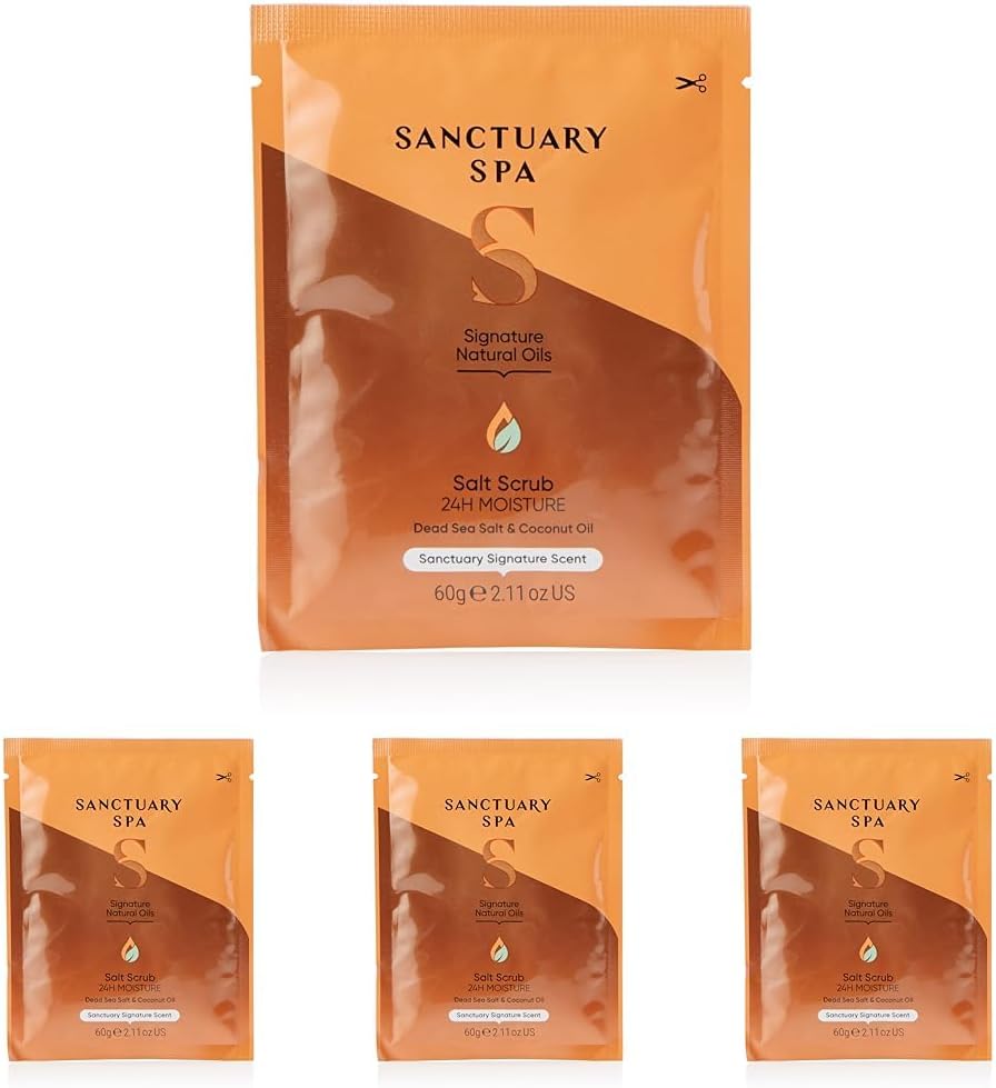 Sanctuary Spa Salt Body Scrub, Natural Sea Salt, Body Exfoliator Vegan and Cruelty Free, 60g Sachet, Orange (Pack of 4)