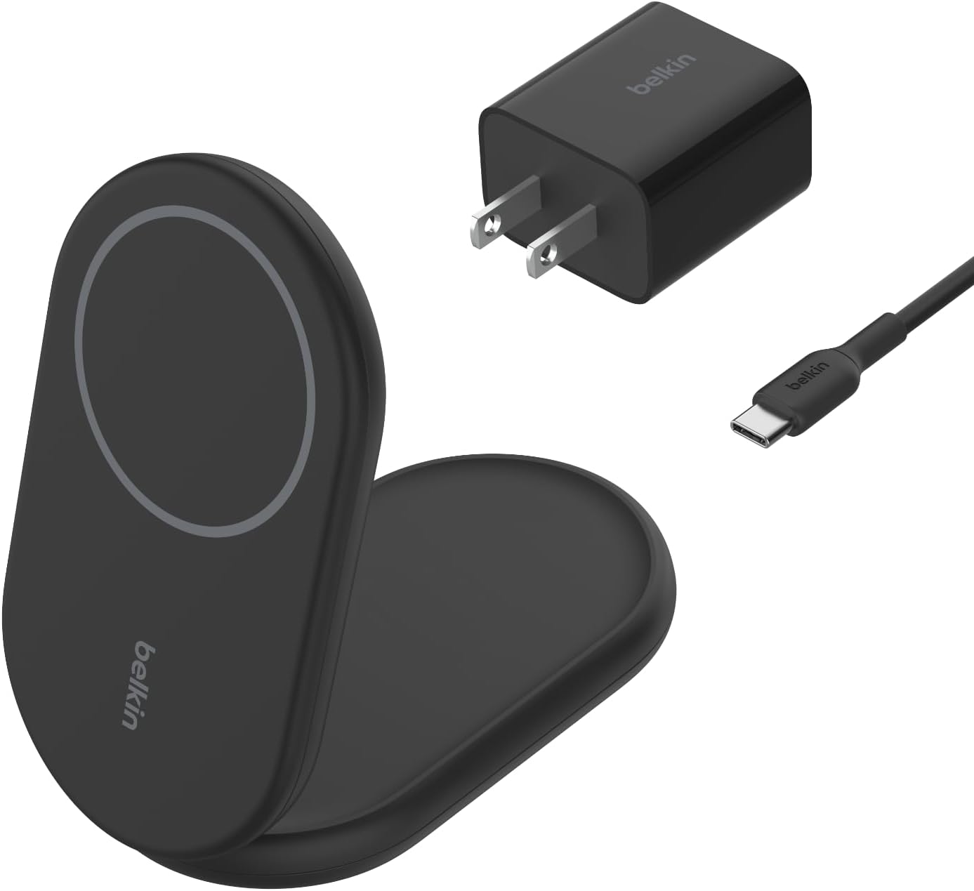 Belkin Magnetic Foldable Wireless Charging Stand 15W - MagSafe-Compatible Qi2-Certified Charger, Wireless Charging Stand for iPhone 16, Galaxy S25, & More - Standby Mode Ready w/PSU Included - Black