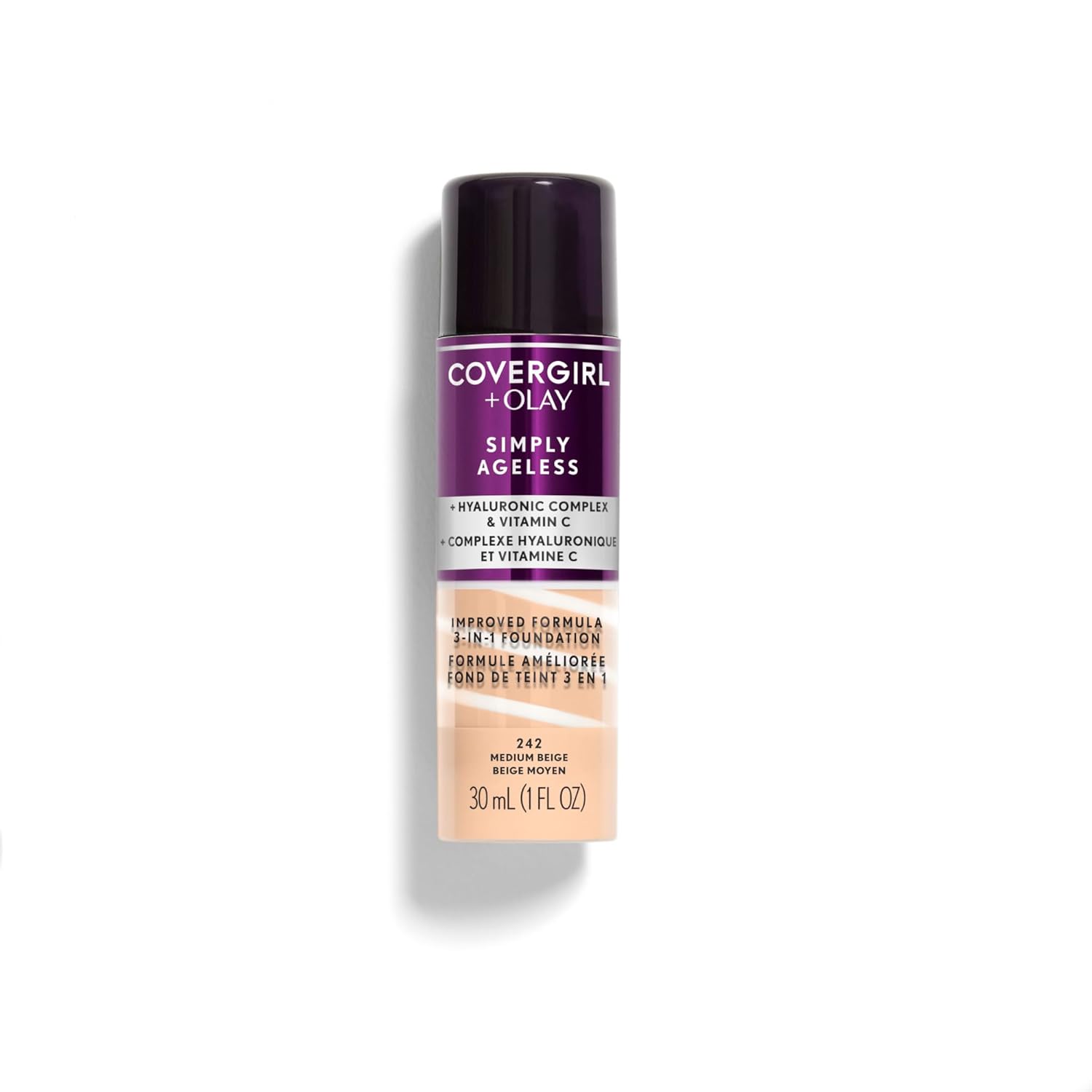 COVERGIRL & Olay Simply Ageless 3-in-1 Liquid Foundation, Matte Finish, Hyaluronic & Vitamin C Formula, 242 Medium Beige, 1 Count