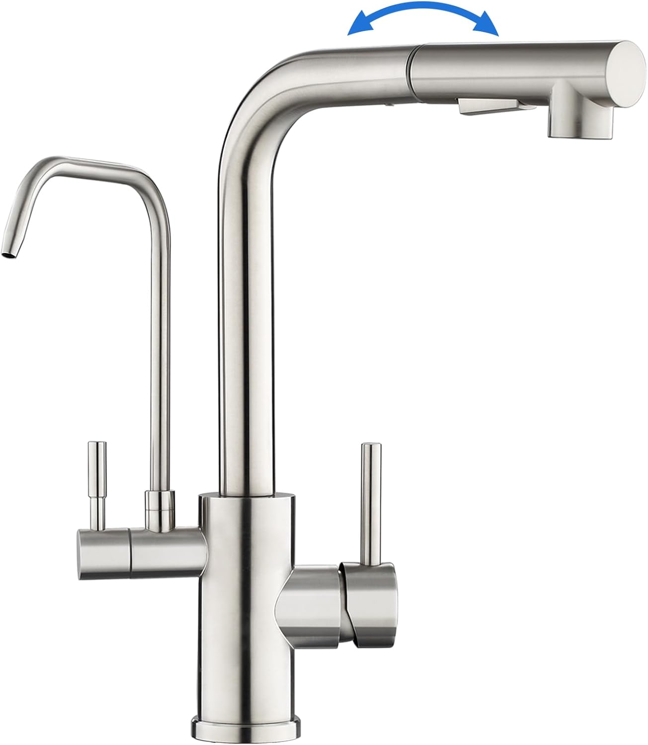 ROVOGO 3 Way Water Filter Tap, Monobloc Dual Lever Mixer Tap with Pull Out Spray, High Arc Brushed Stainless Steel Kitchen Faucet 360° Swivel, L-Spout
