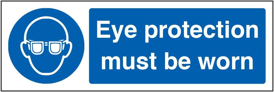 V Safety 41051AX-S Eye Protection Must Be Worn PPE Sign - Landscape - 300mm x 100mm - Self Adhesive Vinyl, Blue