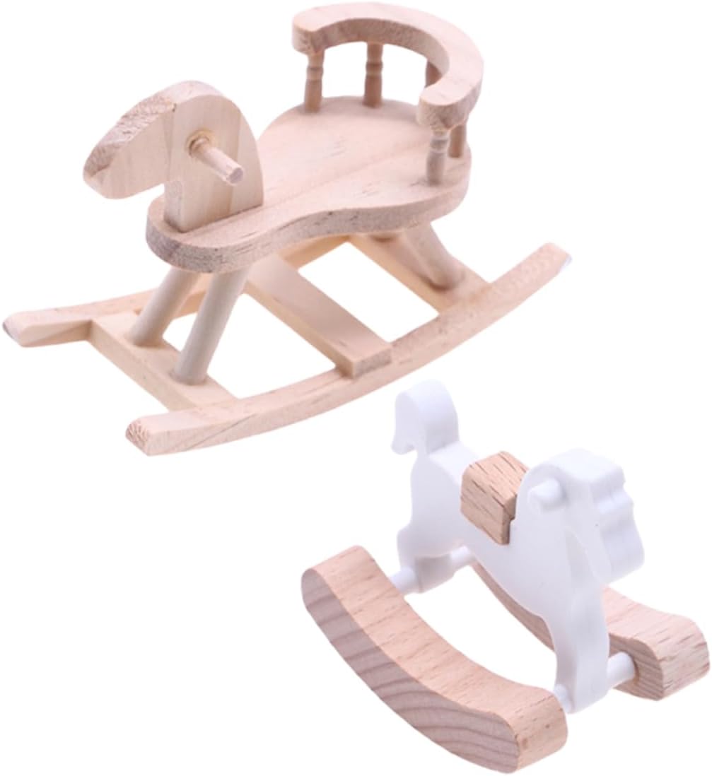 Kisangel 2pcs Mini Wooden Rocking Horse Unfinished Dollhouse Furniture Solid Wood Farmhouse Decor for Nursery and Living Room Educational Model for Imaginative Play