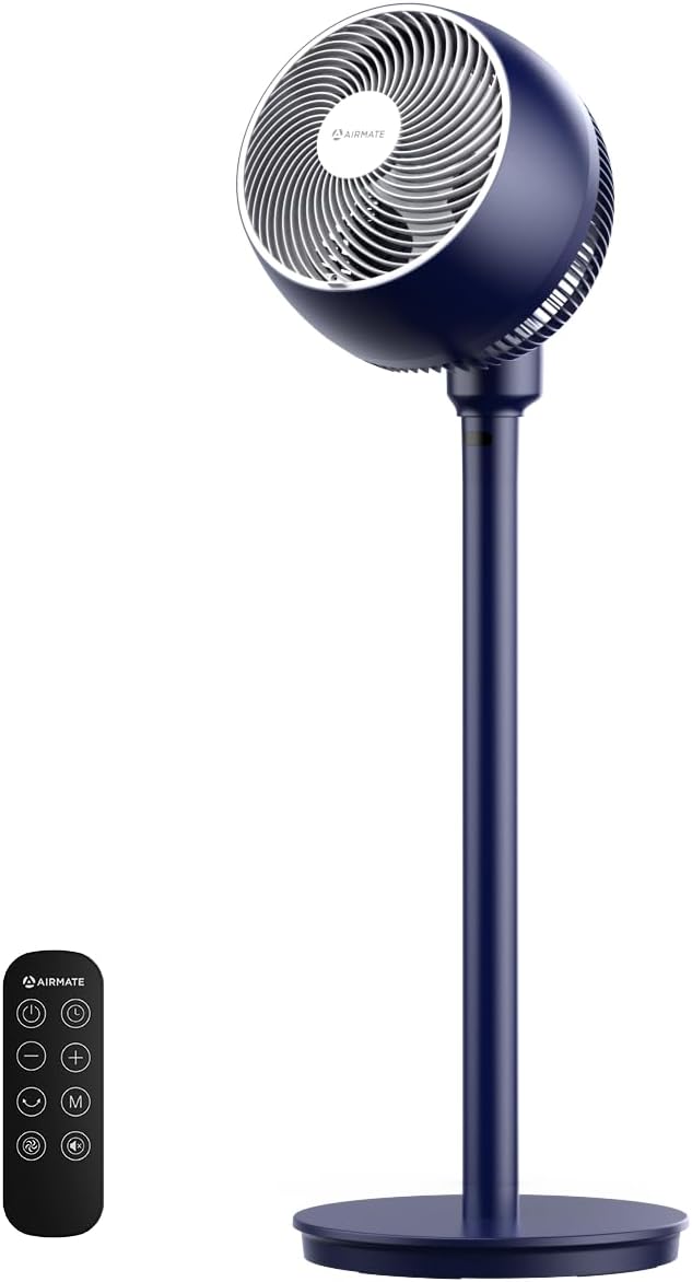 Airmate Pedestal Fans for Bedroom 25dB, 1600m³/h Air Circulation Standing Fan, 12in Fan Blades Oscillating Cooling Fans 12 Speeds Electric Fans 12H Timer Remote Control, for Home Office, 40in Height