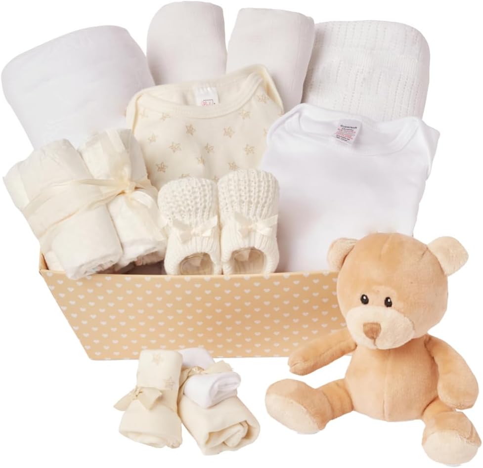 Unisex Baby Gift Set - 12 Baby Essentials for Newborn - Ideal Gender Reveal Gift & Baby Shower Gifts for Boys & Girls, Includes Newborn Baby Clothes, Baby Blankets & Cream Teddy Bear