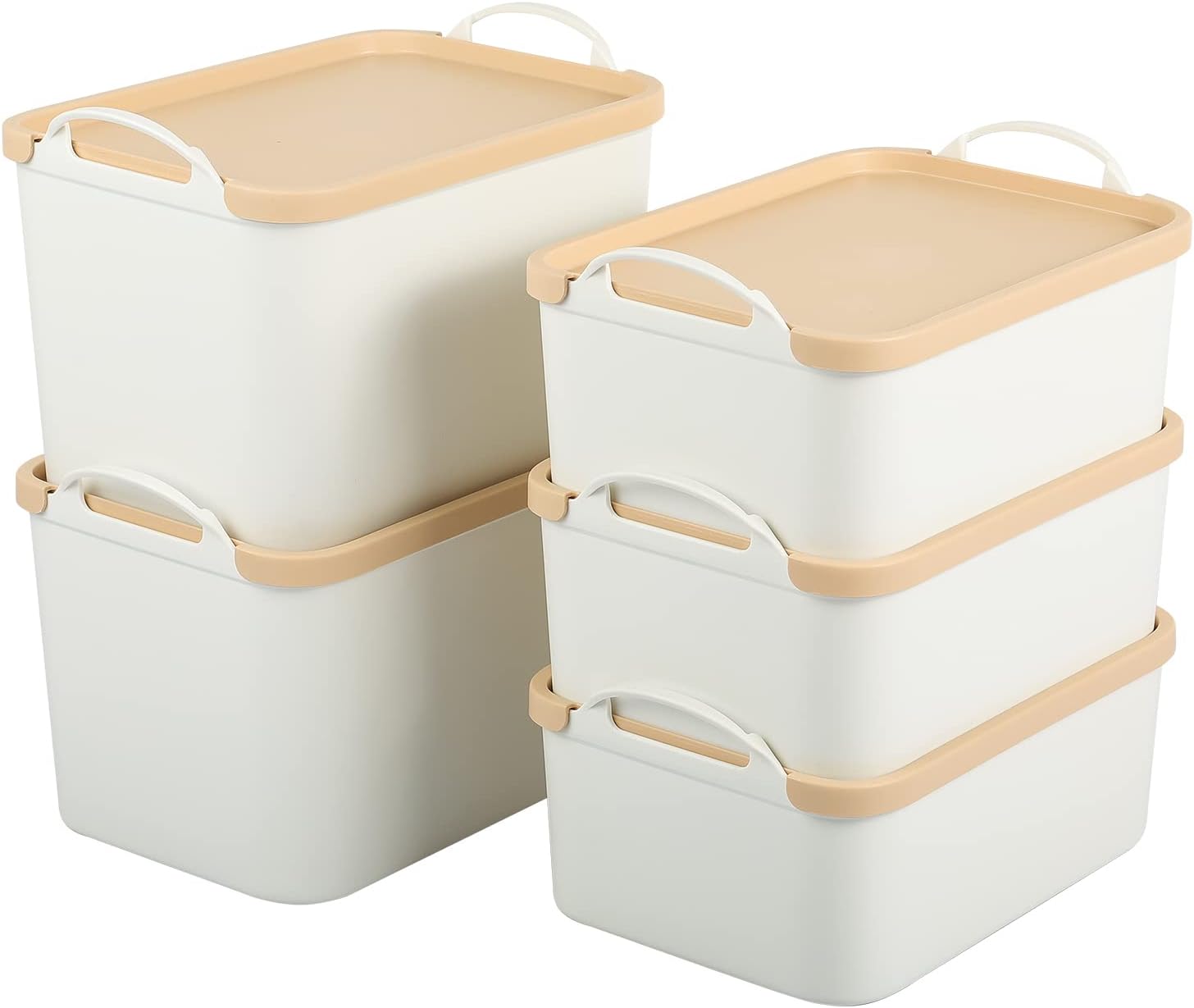ANMINY 5PCS Plastic Storage Bins Containers with Lids, Large White Storage Organization Bins Boxes, Lidded Plastic Storage Baskets for Closet Shelves Drawers Desktop - 2 Medium 3 Small, Wheat Lids
