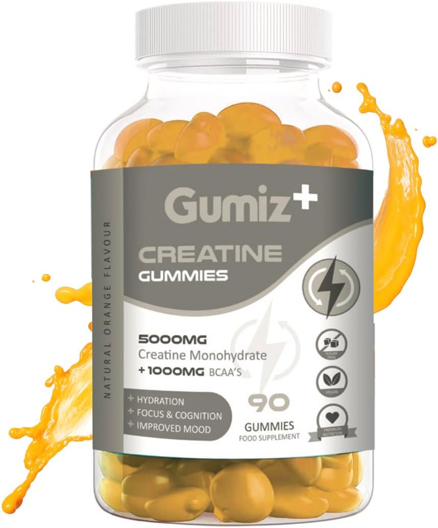Gumiz | Max 5000mg Creatine Monohydrate Gummies, Added 1000mg BCAAs, Premium Pre-Workout, Gym Supplement | 90 Gummies - 1 Month Supply | Orange Flavour | Vegan & Sugar-Free