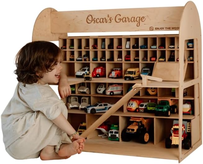 Enjoy The Wood Wooden Toy Parking Garage with Elevator (Big, Dark Walnut) | Toy Car Storage Small Car Compatible Gift for Toddlers 1-4 Years Old Organizer Case Shelf for Mini Toy Cars by Enjoy The Wood