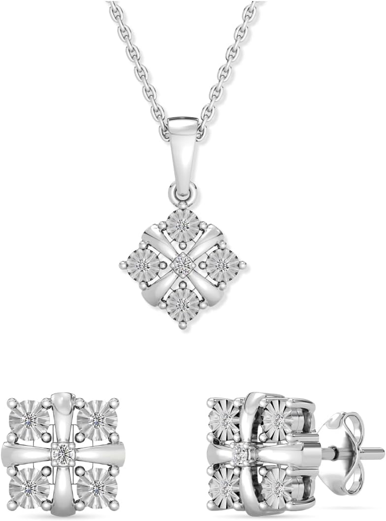 GILDED 1/10 CTTW Lab-Grown Diamond Necklace & Earring Set, Sterling Silver or 14K Gold-Plated, 18" Chain, Tarnish-Resistant, Elegant & Ethical Jewelry for Women, Gift-Boxed, Perfect for Gifting