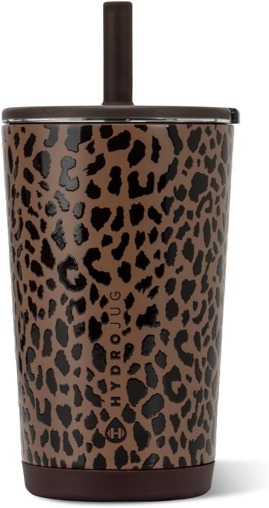 HydroJug Everyday Tumbler 14 oz, Ceramic-Lined Straw Cup, Brown Leopard