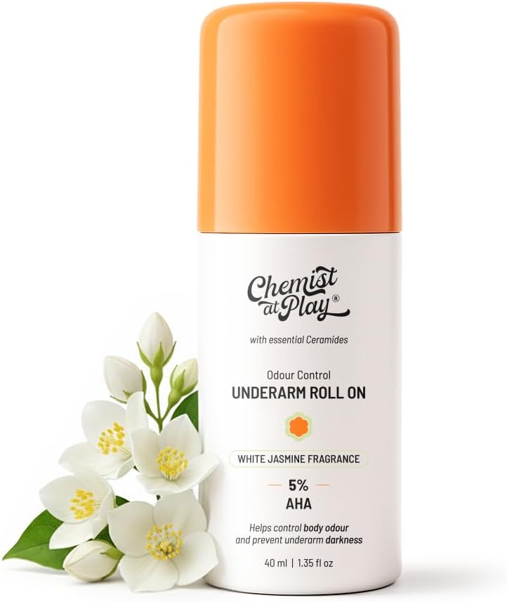 Chemist at Play UnderArm Roll-On with 5% AHA|Lactic & Mandelic Acid|Prevents Odour, Brightens Skin & Exfoliates Underarm|For Sensitive Skin|White Jasmine Fragrance|Alcohol & Aluminium Free| 40ml